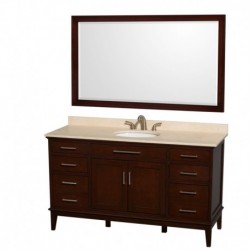60 inch Single Bathroom Vanity in Dark Chestnut, Ivory Marble Countertop, Undermount Oval Sink, and 56 inch Mirror