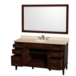 60 inch Single Bathroom Vanity in Dark Chestnut, Ivory Marble Countertop, Undermount Oval Sink, and 56 inch Mirror