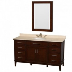 60 inch Single Bathroom Vanity in Dark Chestnut, Ivory Marble Countertop, Undermount Oval Sink, and Medicine Cabinet