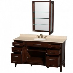 60 inch Single Bathroom Vanity in Dark Chestnut, Ivory Marble Countertop, Undermount Oval Sink, and Medicine Cabinet