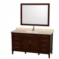 60 inch Single Bathroom Vanity in Dark Chestnut, Ivory Marble Countertop, Undermount Square Sink, and 44 inch Mirror