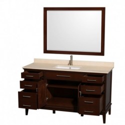 60 inch Single Bathroom Vanity in Dark Chestnut, Ivory Marble Countertop, Undermount Square Sink, and 44 inch Mirror