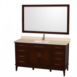 60 inch Single Bathroom Vanity in Dark Chestnut, Ivory Marble Countertop, Undermount Square Sink, and 56 inch Mirror