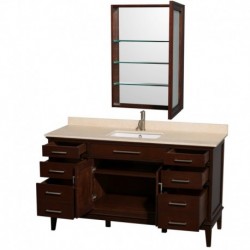 60 inch Single Bathroom Vanity in Dark Chestnut, Ivory Marble Countertop, Undermount Square Sink, and Medicine Cabinet