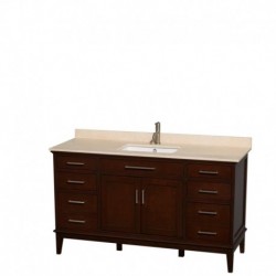 60 inch Single Bathroom Vanity in Dark Chestnut, Ivory Marble Countertop, Undermount Square Sink, and No Mirror