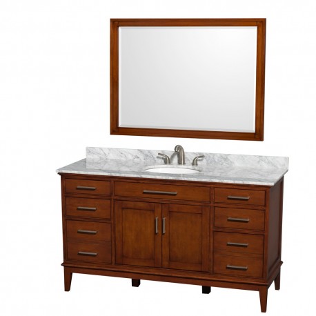 60 inch Single Bathroom Vanity in Light Chestnut, White Carrera Marble Countertop, Undermount Oval Sink, and 44 inch Mirror