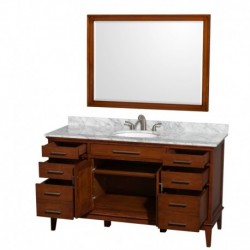 60 inch Single Bathroom Vanity in Light Chestnut, White Carrera Marble Countertop, Undermount Oval Sink, and 44 inch Mirror
