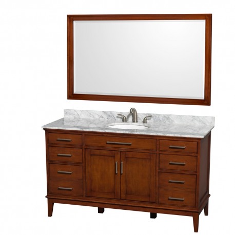 60 inch Single Bathroom Vanity in Light Chestnut, White Carrera Marble Countertop, Undermount Oval Sink, and 56 inch Mirror