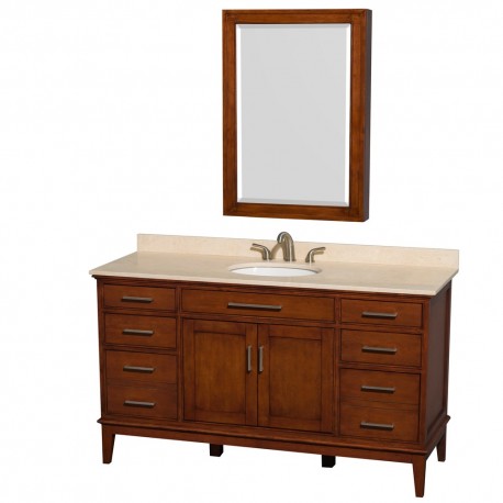 60 inch Single Bathroom Vanity in Light Chestnut, Ivory Marble Countertop, Undermount Oval Sink, and Medicine Cabinet