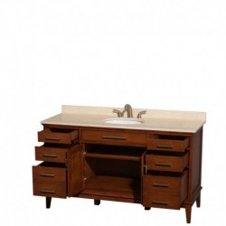 60 inch Single Bathroom Vanity in Light Chestnut, Ivory Marble Countertop, Undermount Oval Sink, and No Mirror