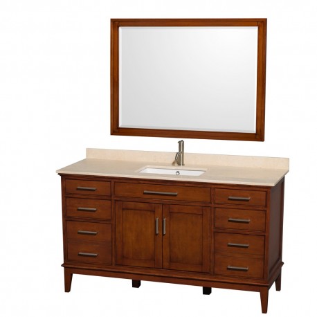 60 inch Single Bathroom Vanity in Light Chestnut, Ivory Marble Countertop, Undermount Square Sink, and 44 inch Mirror