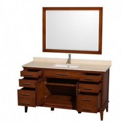 60 inch Single Bathroom Vanity in Light Chestnut, Ivory Marble Countertop, Undermount Square Sink, and 44 inch Mirror