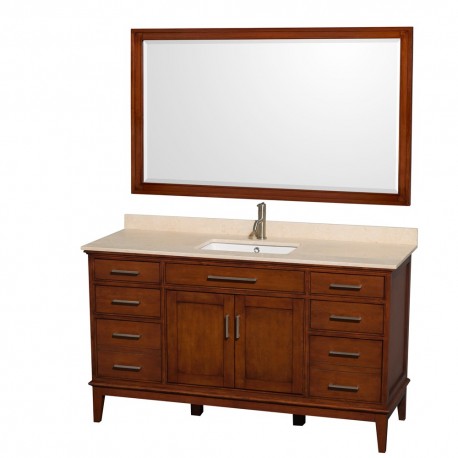 60 inch Single Bathroom Vanity in Light Chestnut, Ivory Marble Countertop, Undermount Square Sink, and 56 inch Mirror