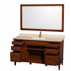 60 inch Single Bathroom Vanity in Light Chestnut, Ivory Marble Countertop, Undermount Square Sink, and 56 inch Mirror