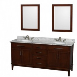 72 inch Double Bathroom Vanity in Dark Chestnut, White Carrera Marble Countertop, Undermount Oval Sinks, and 24 inch Mirrors