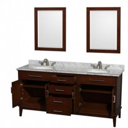 72 inch Double Bathroom Vanity in Dark Chestnut, White Carrera Marble Countertop, Undermount Oval Sinks, and 24 inch Mirrors
