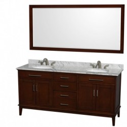 72 inch Double Bathroom Vanity in Dark Chestnut, White Carrera Marble Countertop, Undermount Oval Sinks, and 70 inch Mirror