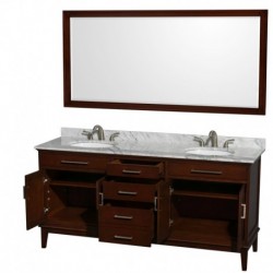 72 inch Double Bathroom Vanity in Dark Chestnut, White Carrera Marble Countertop, Undermount Oval Sinks, and 70 inch Mirror