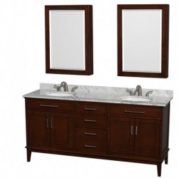 72 inch Double Bathroom Vanity in Dark Chestnut, White Carrera Marble Countertop, Undermount Oval Sinks, and Medicine Cabinets