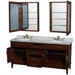 72 inch Double Bathroom Vanity in Dark Chestnut, White Carrera Marble Countertop, Undermount Oval Sinks, and Medicine Cabinets