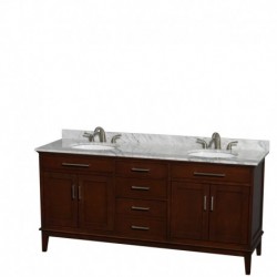 72 inch Double Bathroom Vanity in Dark Chestnut, White Carrera Marble Countertop, Undermount Oval Sinks, and No Mirror