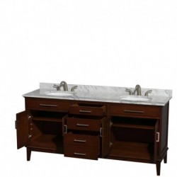 72 inch Double Bathroom Vanity in Dark Chestnut, White Carrera Marble Countertop, Undermount Oval Sinks, and No Mirror