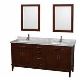 72 inch Double Bathroom Vanity in Dark Chestnut, White Carrera Marble Countertop, Undermount Square Sinks, and 24 inch Mirrors