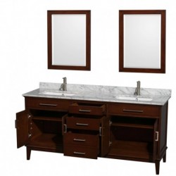 72 inch Double Bathroom Vanity in Dark Chestnut, White Carrera Marble Countertop, Undermount Square Sinks, and 24 inch Mirrors