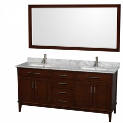 72 inch Double Bathroom Vanity in Dark Chestnut, White Carrera Marble Countertop, Undermount Square Sinks, and 70 inch Mirror