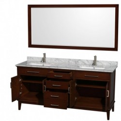 72 inch Double Bathroom Vanity in Dark Chestnut, White Carrera Marble Countertop, Undermount Square Sinks, and 70 inch Mirror