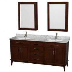 72 inch Double Bathroom Vanity in Dark Chestnut, White Carrera Marble Countertop, Undermount Square Sinks, and Medicine Cabinet
