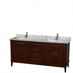 72 inch Double Bathroom Vanity in Dark Chestnut, White Carrera Marble Countertop, Undermount Square Sinks, and No Mirror