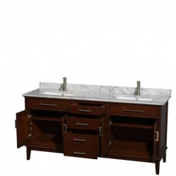 72 inch Double Bathroom Vanity in Dark Chestnut, White Carrera Marble Countertop, Undermount Square Sinks, and No Mirror