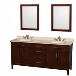 72 inch Double Bathroom Vanity in Dark Chestnut, Ivory Marble Countertop, Undermount Oval Sinks, and 24 inch Mirrors