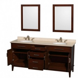 72 inch Double Bathroom Vanity in Dark Chestnut, Ivory Marble Countertop, Undermount Oval Sinks, and 24 inch Mirrors