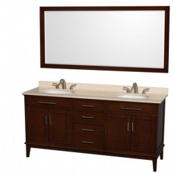72 inch Double Bathroom Vanity in Dark Chestnut, Ivory Marble Countertop, Undermount Oval Sinks, and 70 inch Mirror