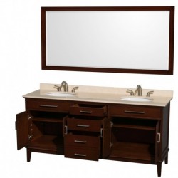 72 inch Double Bathroom Vanity in Dark Chestnut, Ivory Marble Countertop, Undermount Oval Sinks, and 70 inch Mirror