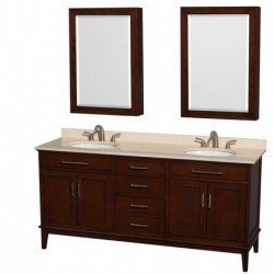 72 inch Double Bathroom Vanity in Dark Chestnut, Ivory Marble Countertop, Undermount Oval Sinks, and Medicine Cabinets