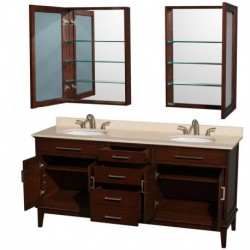 72 inch Double Bathroom Vanity in Dark Chestnut, Ivory Marble Countertop, Undermount Oval Sinks, and Medicine Cabinets