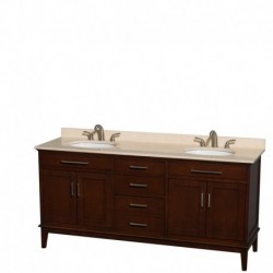 72 inch Double Bathroom Vanity in Dark Chestnut, Ivory Marble Countertop, Undermount Oval Sinks, and No Mirror