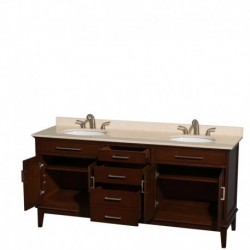 72 inch Double Bathroom Vanity in Dark Chestnut, Ivory Marble Countertop, Undermount Oval Sinks, and No Mirror