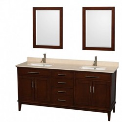 72 inch Double Bathroom Vanity in Dark Chestnut, Ivory Marble Countertop, Undermount Square Sinks, and 24 inch Mirrors