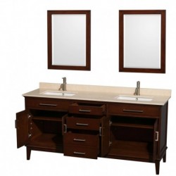 72 inch Double Bathroom Vanity in Dark Chestnut, Ivory Marble Countertop, Undermount Square Sinks, and 24 inch Mirrors