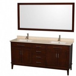 72 inch Double Bathroom Vanity in Dark Chestnut, Ivory Marble Countertop, Undermount Square Sinks, and 70 inch Mirror