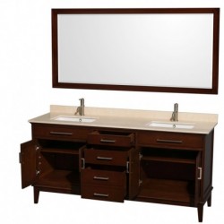 72 inch Double Bathroom Vanity in Dark Chestnut, Ivory Marble Countertop, Undermount Square Sinks, and 70 inch Mirror