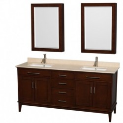 72 inch Double Bathroom Vanity in Dark Chestnut, Ivory Marble Countertop, Undermount Square Sinks, and Medicine Cabinets