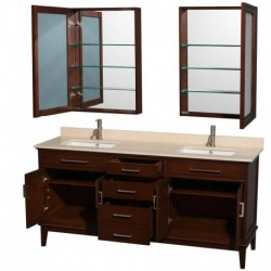 72 inch Double Bathroom Vanity in Dark Chestnut, Ivory Marble Countertop, Undermount Square Sinks, and Medicine Cabinets
