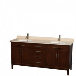 72 inch Double Bathroom Vanity in Dark Chestnut, Ivory Marble Countertop, Undermount Square Sinks, and No Mirror