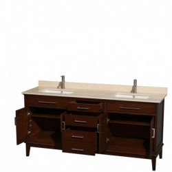 72 inch Double Bathroom Vanity in Dark Chestnut, Ivory Marble Countertop, Undermount Square Sinks, and No Mirror