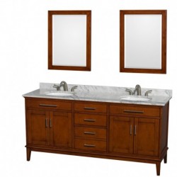 72 inch Double Bathroom Vanity in Light Chestnut, White Carrera Marble Countertop, Undermount Oval Sinks, and 24 inch Mirrors